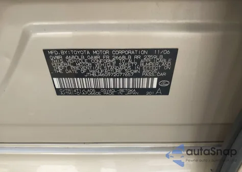 2007 Lexus Es 350 from USA, damaged, VIN JTHBJ46G972077657